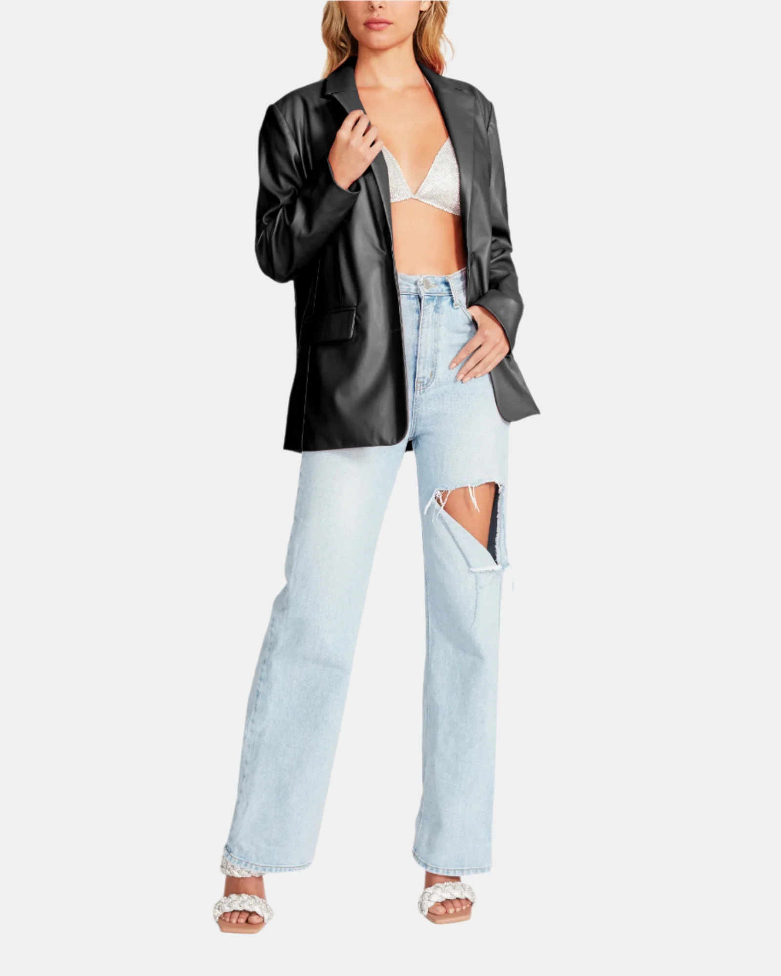 VEGAN LEATHER BOYFRIEND BLAZER BLACK - Image 2