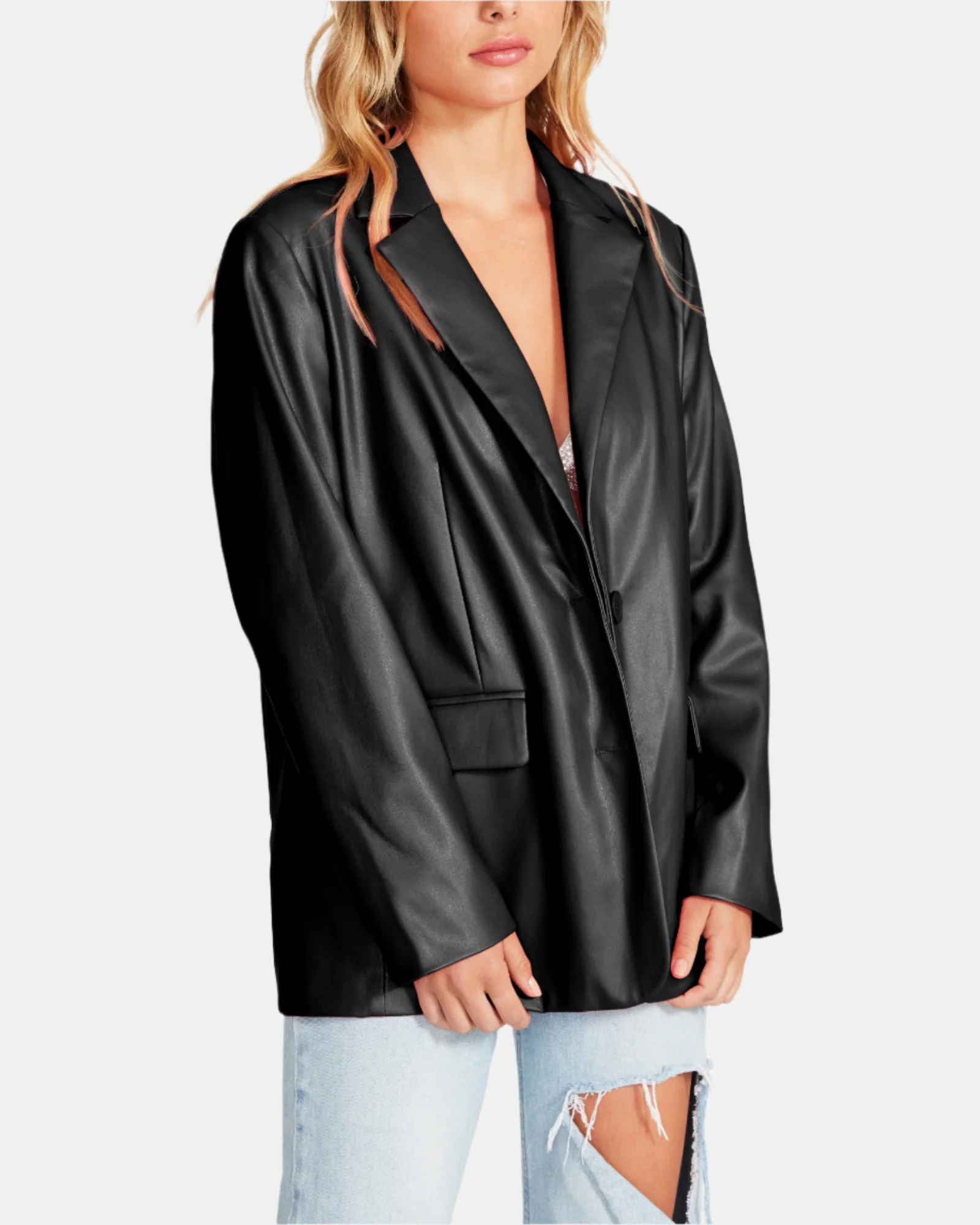VEGAN LEATHER BOYFRIEND BLAZER BLACK - Image 3
