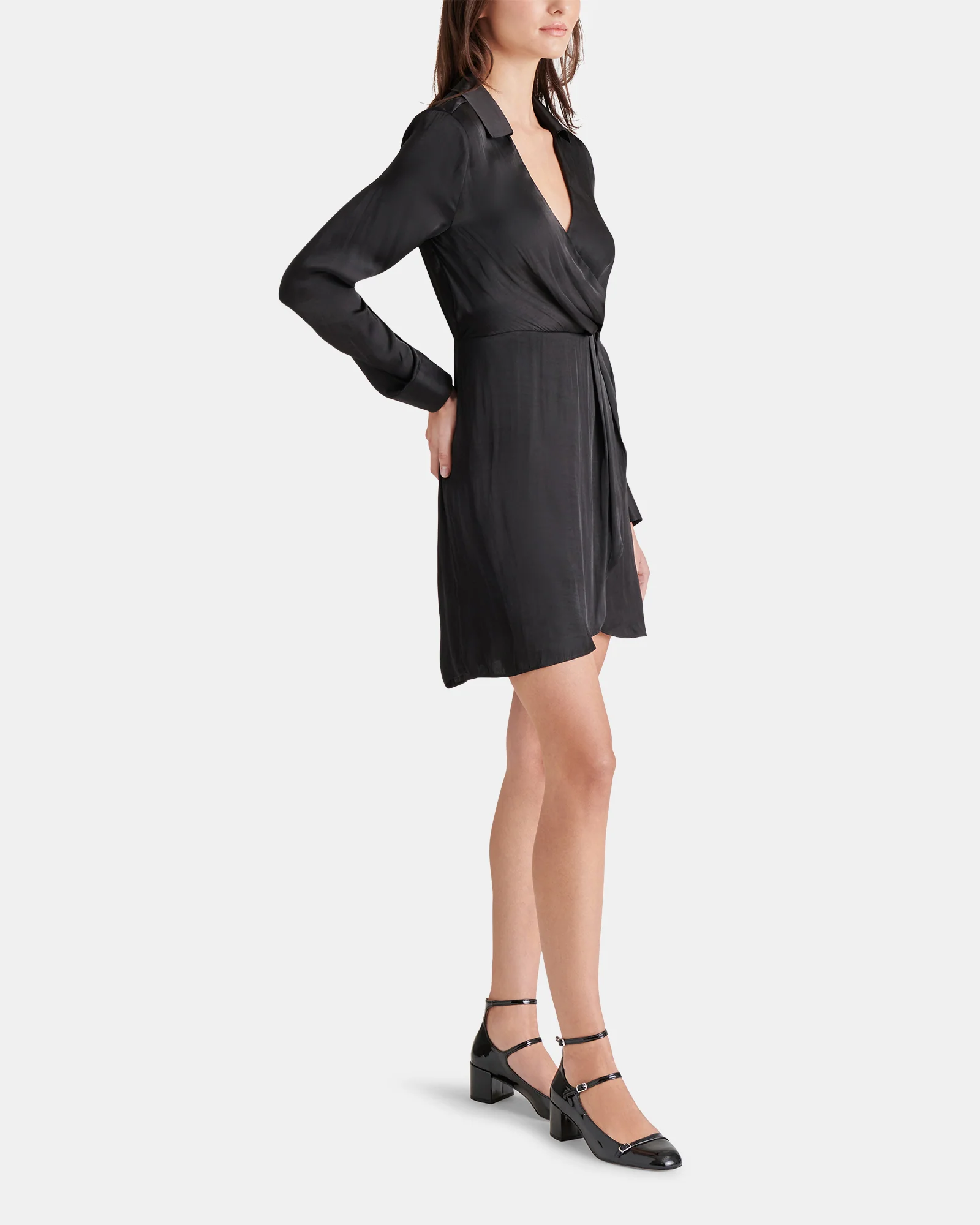 WASHED SATIN FAUX WRAP DRESS BLACK - Image 3